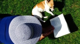 A woman reads a book with her dog on a sunny lawn, perfect for leisure.